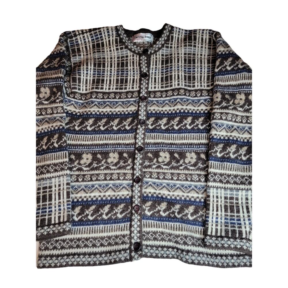 Crystal-Kobe Woolen Multi Brown Blue Cardigan Women's M L Medium Large